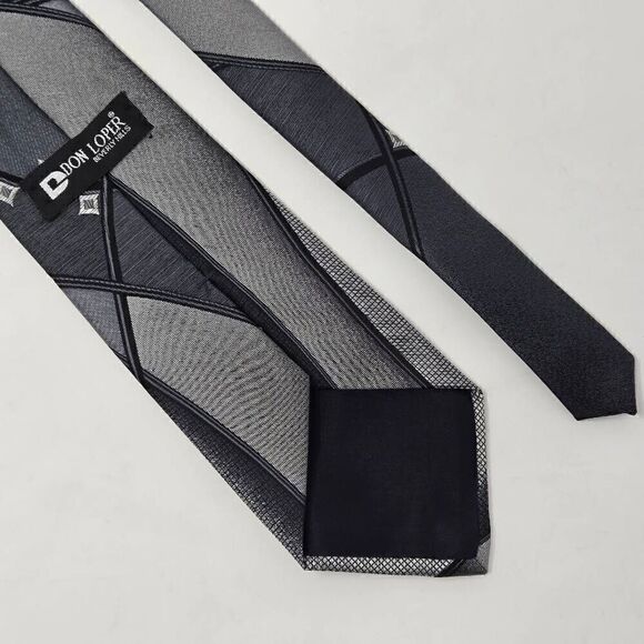 DON LOPER BEVERLY HILLS VINTAGE POLY TIE BLACK SILVER LOGO ABSTRACT 4" X 57" - Picture 3 of 3